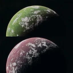 Customizable procedural planets with varying colors and terrain for 3D space art, ideal for creative professionals' workflows.
