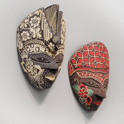 "Ethnic Mask Set: Handcrafted wooden masks for Blender 3D. Japonisme-inspired, ultra-detailed 3D sculptures by Joongwon Jeong and Faridah Malik. Native American folk art with intricate designs trending on ArtStation and Artforum."