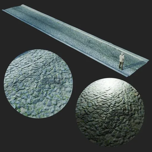 Detailed cobblestone road 3D model with high-resolution PBR textures for Blender 3D projects.