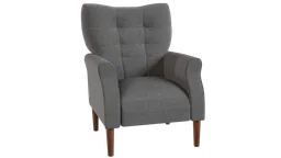 Detailed 3D rendering of a modern grey upholstered chair with a high back and wooden legs, compatible with Blender.