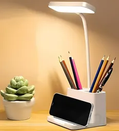 High-detail white modern adjustable 3D-rendered lamp with phone holder, ideal for Blender renderings.
