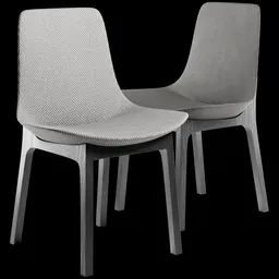 High-quality 3D model rendering of two modern Poliform-style chairs with finely textured fabric and sleek wooden legs designed in Blender.