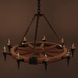 "Highly detailed medieval chandelier with candles suspended from metal chains, created with Blender 3D software. This stunning 3D model features intricate wooden craftsmanship, enhancing the overall design. Perfect for Blender enthusiasts seeking a realistic and visually captivating centerpiece for their virtual scenes."