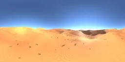 360-degree panoramic desert scene with sand dunes, sparse vegetation under a clear sky, suitable for scene lighting.