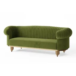 Green channel-tufted 3D-rendered sofa with wooden legs optimized for Blender.