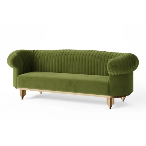 Green channel-tufted 3D-rendered sofa with wooden legs optimized for Blender.
