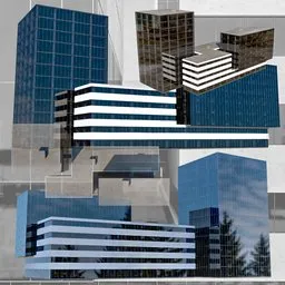 Contemporary Cubo Business Center 3D model featuring large glass facades, white stripes, suitable for office spaces.