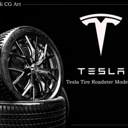 "High-quality 3D model of a Tesla Roadster tire with Tesla logo in Blender 3D software. Created by BlenderKit and inspired by George Paul Chalmers, this well-groomed model is great for concept art, website banners, and more."