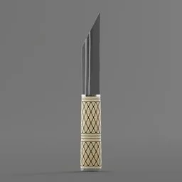 3D Viking scramasax knife render, intricate bone handle detail, Blender 3D model, historic weaponry.