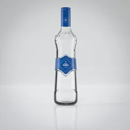 Realistic 3D rendered bottle with detailed glass texture and branded label, suitable for Blender CGI projects.