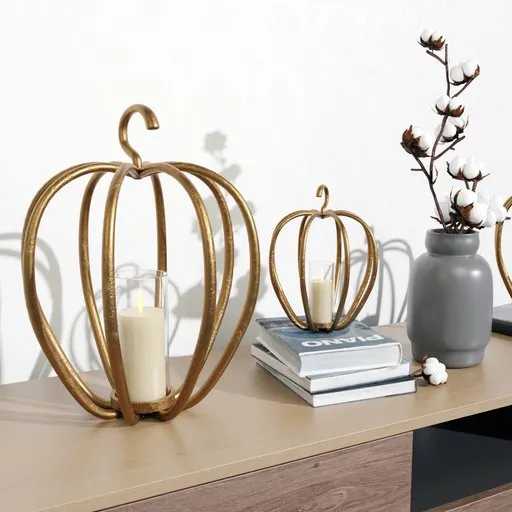 Realistic 3D-rendered metal pumpkin candle holders with candles, modeled in Blender for festive decoration.