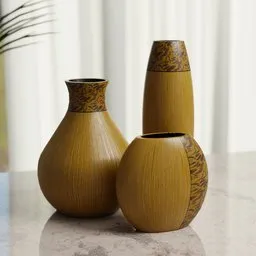 Realistic Blender 3D model of two wooden textured vases with intricate burlwood pattern design.