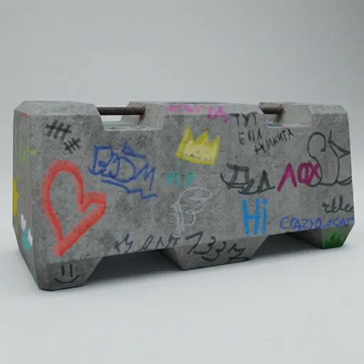 Realistic Blender 3D military road barrier model with detailed graffiti textures suitable for diverse digital projects.