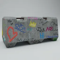 Realistic Blender 3D military road barrier model with detailed graffiti textures suitable for diverse digital projects.