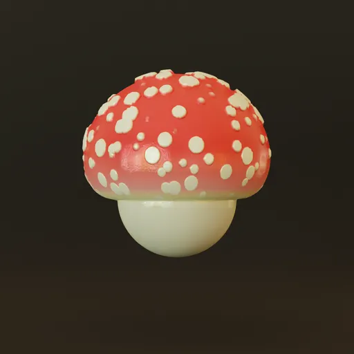 Red and white spotted stylized procedural fungi texture for 3D rendering in Blender, PBR ready.