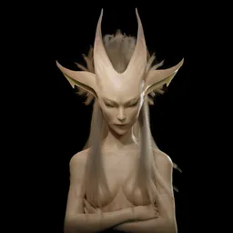 "3D model of a celestial woman with long hair, horns and spiky elf ears, inspired by a Ross Draws painting. The monster character design features pale pointed ears and mantid features, rendered with substances and inspired by Shigeru Aoki. Perfect for Blender 3D enthusiasts looking for a unique and striking creature to add to their collection."
