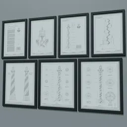 "Set of 5 monochrome framed prints featuring blueprint schematics and historical documents of Cape Hatteras Lighthouse in North Carolina, created in Blender 3D. Trending on Dribbble, this 16-bit graphic showcases the bold spires of the lighthouse on the horizon. Download now from BlenderKit."