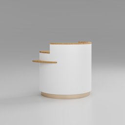 "Modern reception desk with white counter and wooden shelf, ideal for office or hospitality spaces. 3D model created using Blender 3D software. Features visible stitching, inspired by Sesshū Tōyō and Kōshirō Onchi, and a 3/4 back view."