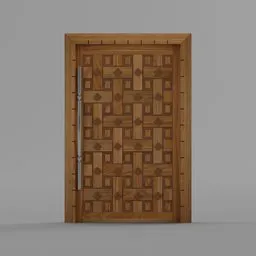 "Large wooden main entrance door with metal handle, ideal for 3D models in Blender 3D. Symmetrical patterns and smooth texture create an elegant design, perfect for any limbo room or entranceway. Detailed 3D rendering and centered for a stunning visual experience."