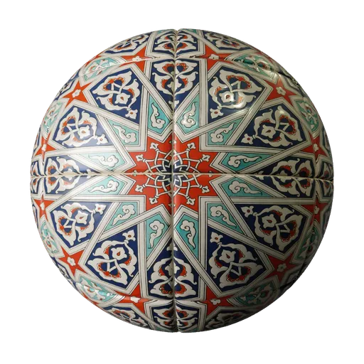 2K PBR ceramic tile texture with ornate floral pattern for Blender 3D material library, suitable for wall or floor visualization.