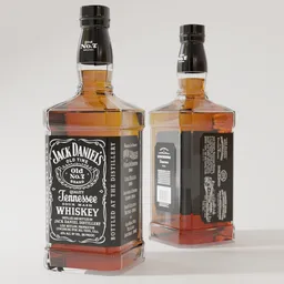 Detailed 3D rendering of two whiskey bottles, realistic texture, ideal for Blender 3D artists.