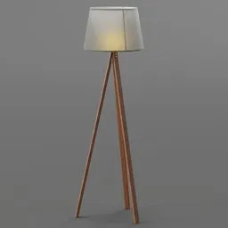 3D model of wooden tripod floor lamp with a white shade, ideal for interior design visualization in Blender.
