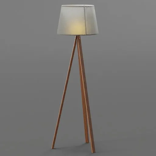 3D model of wooden tripod floor lamp with a white shade, ideal for interior design visualization in Blender.