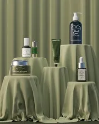 Photorealistic 3D render of cosmetic products on draped plinths, ideal for Blender 3D artists.