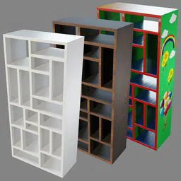 Three variations of 3D modeled bookcases showcasing textures suitable for Blender rendering.