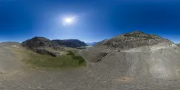 Dynamic high-resolution HDR panorama for 3D scene lighting, featuring sunlit desert terrain with clear blue skies.