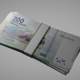 "200 dhs bills stack in high-quality 3D model for Blender 3D. Perfect for money-related designs and projects. Front, back, and side view included."