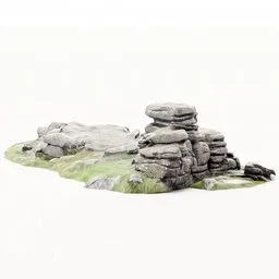 "Rock formation in Dartmoor, Devon - Landscape 3D model for Blender 3D. Stone collection for tabletop model buildings, photoscan textures, and pearly flagstones. Perfect for creating a haunting scene inspired by Wuthering Heights."