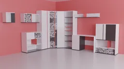 Detailed 3D render of a modern children's room furniture set including shelves and desk, optimized for Blender.