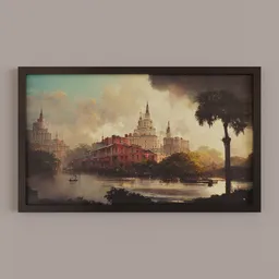 "Experience the beauty of gothic architecture surrounded by serene water and lush trees with "Painting Number 14", a stunning 50x30cm 3D model created in Blender 3D. Perfect for fine art enthusiasts, this model boasts intricate details reminiscent of Hubert Robert's works and features an ornate Rococo style. Add this masterpiece to your collection today!"
