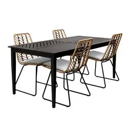 Elegant 3D-rendered outdoor dining chair and table set with cushions and wicker design, suitable for Blender 3D projects.