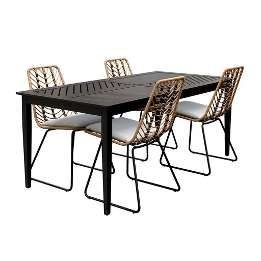 Elegant 3D-rendered outdoor dining chair and table set with cushions and wicker design, suitable for Blender 3D projects.