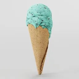 Realistic 3D model of mint-chocolate ice cream with chips in a waffle cone, suitable for Blender rendering.