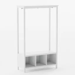 "White Hemnes Ikea wardrobe in 3D model for Blender 3D - based on instructions from Latvian Ikea store. Features tall and thin frame with shelf and theatre equipment in front view."