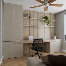 Modern 3D-rendered home office with desk, chair, and bookshelves, designed using Blender.
