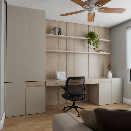 Modern 3D-rendered home office with desk, chair, and bookshelves, designed using Blender.