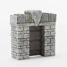 Medieval stone gateway 3D model with wooden door texture, Blender compatible, low poly, PBR materials, game asset.