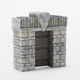 "Medieval castle gate 3D model for Blender. Low-poly stone gateway with a wooden door and iron gate texture. Game ready, PBR 2k textures included."
