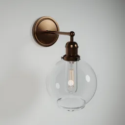 "Loft-style wall light with copper finish and glass ball detail, modeled in Blender 3D. Inspired by Johann Heinrich Bleuler's design, this copper sconce has finely detailed features that add a touch of elegance to interiors."