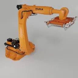Detailed Blender 3D model of orange KUKA Quantec robot with articulated arm and pallet gripper, designed for easy animation.