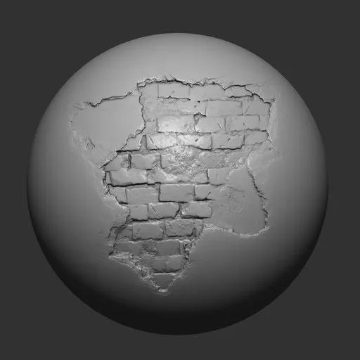 3D Sculpting Brush Effect of Plaster Damage on Brick Wall Texture for Blender Model Detailing