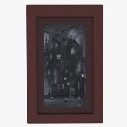 Detailed haunted house in a dark, eerie setting framed picture, perfect for 3D Blender projects.