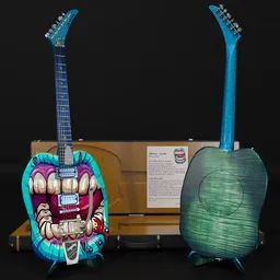 "Joboline Mouth Electric Guitar 3D Model for Blender 3D - Inspired by Ed Roth's Nightmare Fuel Artwork. Comes with Virtual Person Protection Certificate and Animated Strings and Tremolo Arm. Perfect for Music and Art Projects."