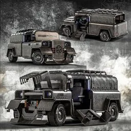 "Explore the Cyberpunk SUV Concept, a military truck with detailed cyber steampunk-inspired designs, created in Blender 3D. This futuristic vehicle features a gun on its back and pays homage to Michelangelo Unterberger's work. Perfect for your sci-fi and cyberpunk 3D projects."