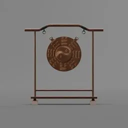 Detailed 3D rendering of an ancient Asian military gong suspended on a wooden frame, compatible with Blender.