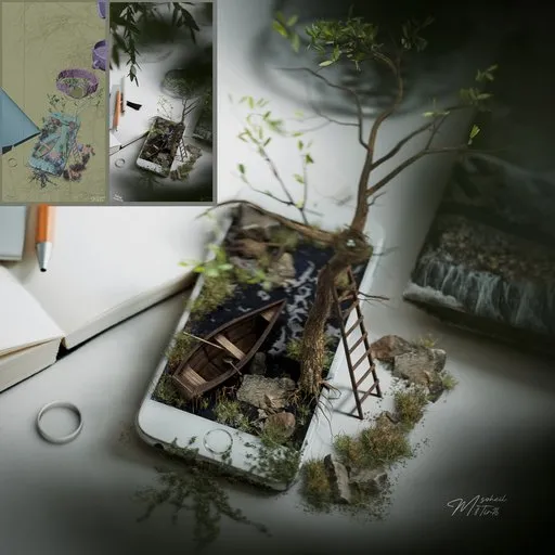 Miniature 3D wilderness scene on phone with modeled boat and plants, Blender VFX, game-ready assets, and realistic animation.